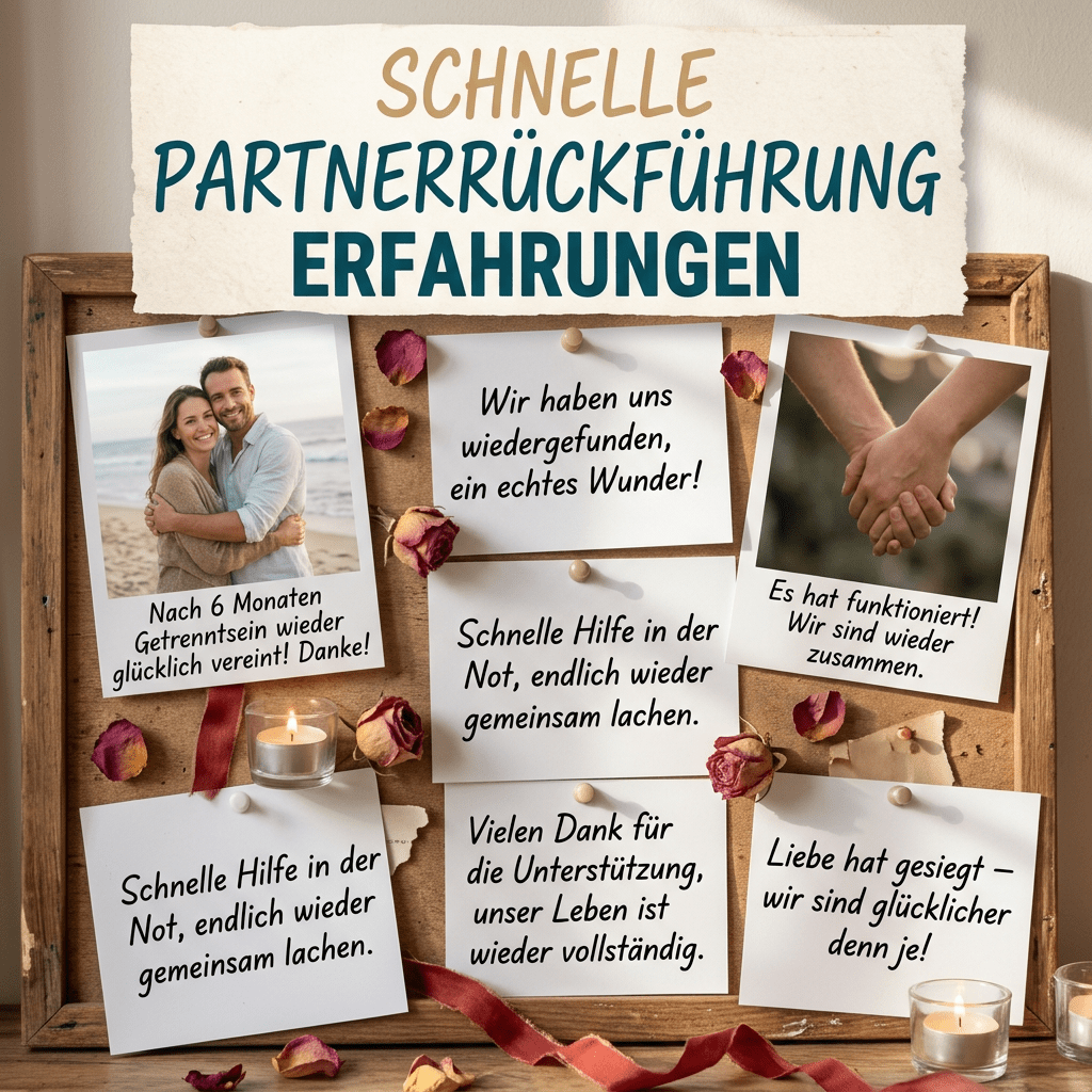 Bulletin board with German testimonials and photos about partner reunion experiences