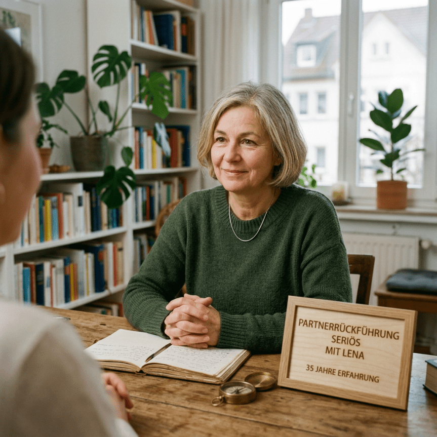 Mature woman in green sweater consulting with a client in an office with bookshelves and plants