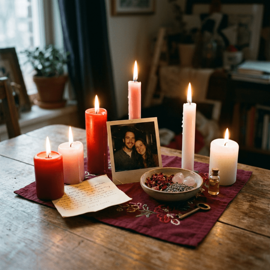 Table with lit candles, photo of a couple, bowl with stones and dried flowers, small bottle, key, and handwritten note