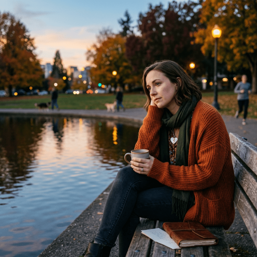 Woman sitting on park bench by pond holding cup, looking thoughtful