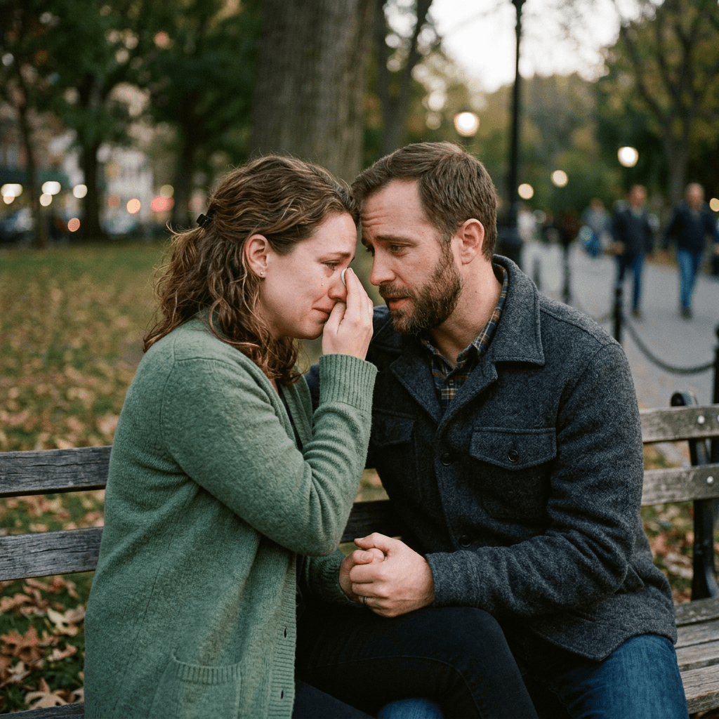 Man comforting crying woman sitting together on a wooden bench in a park