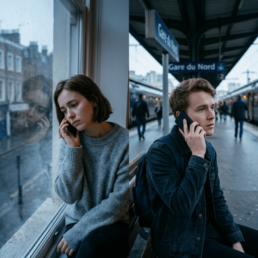 A young woman talking on phone by rainy window and a young man talking on phone at train station platform