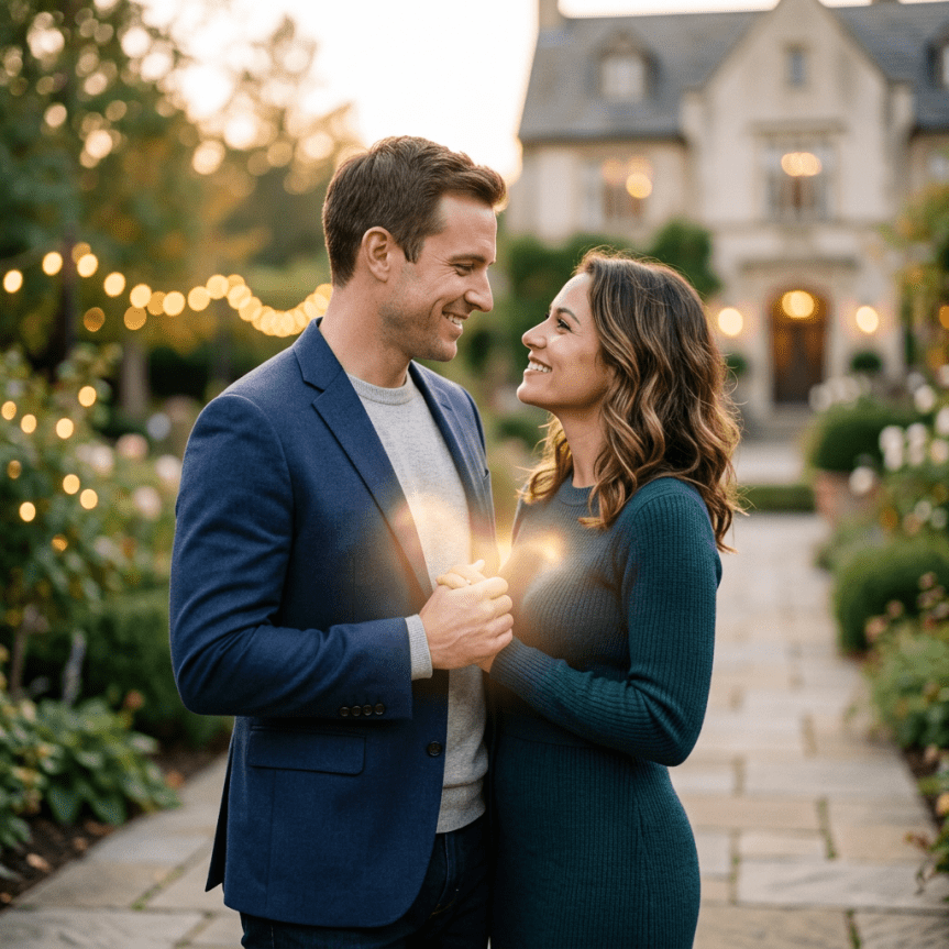 A man and woman holding hands and looking lovingly at each other outdoors