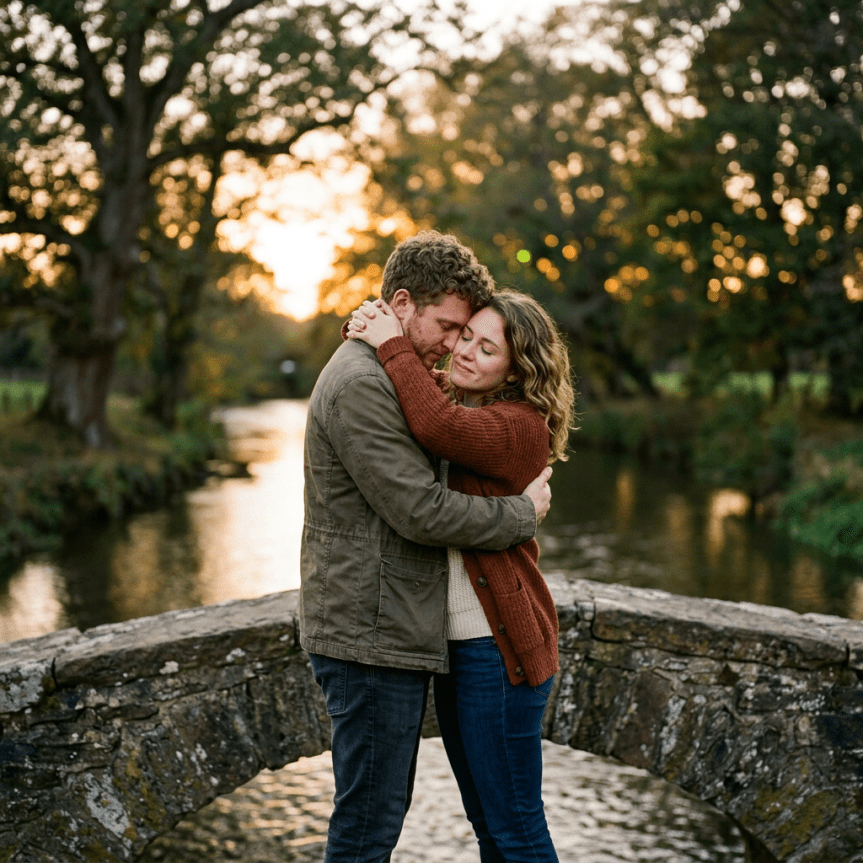 Couple embracing on a stone bridge over a river at sunset.