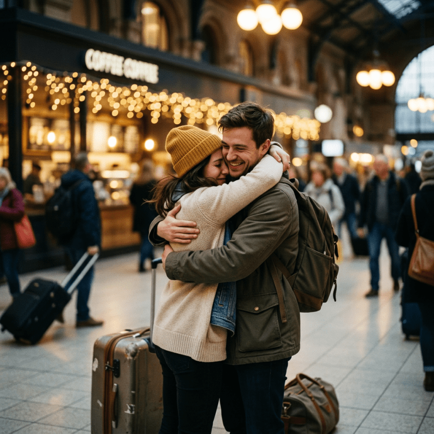 Couple hugging happily in a busy train station with luggage
