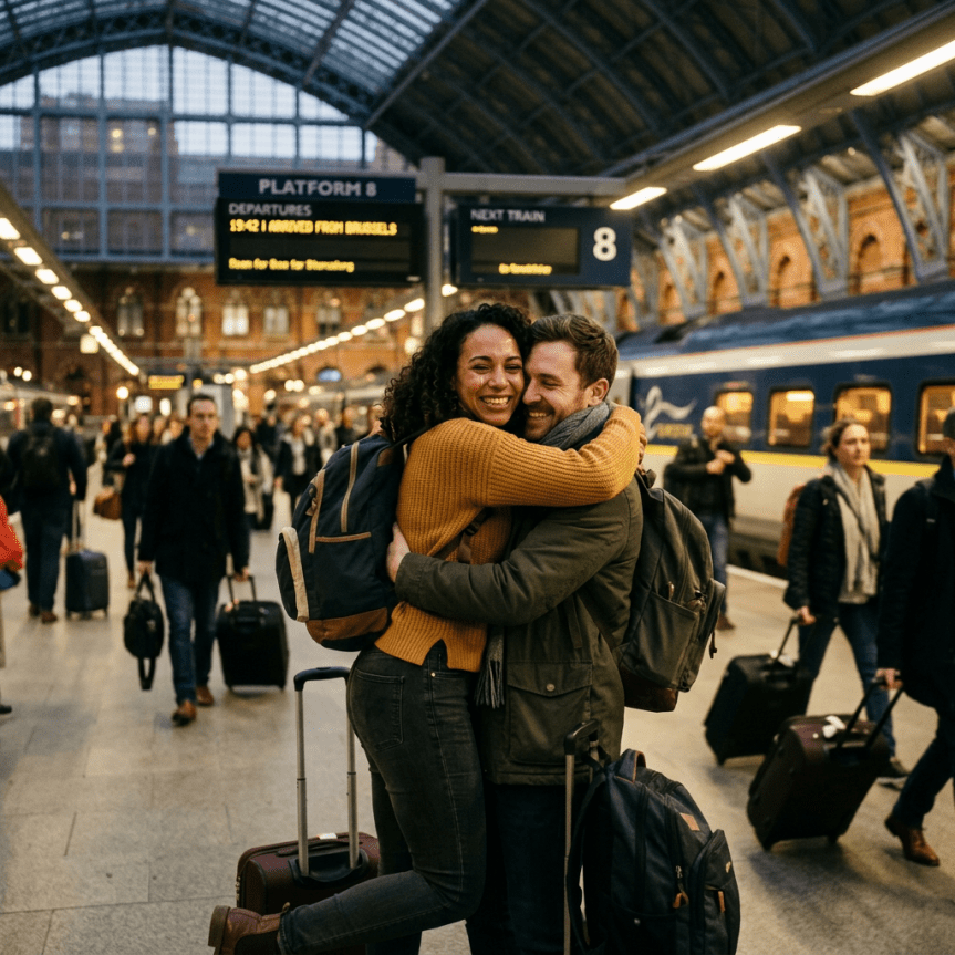 Couple hugging with luggage on train platform 8 at busy station