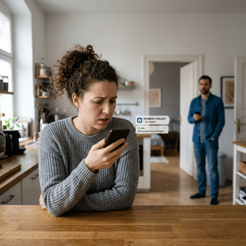 Worried woman checking phone with payment failed message, man in background.
