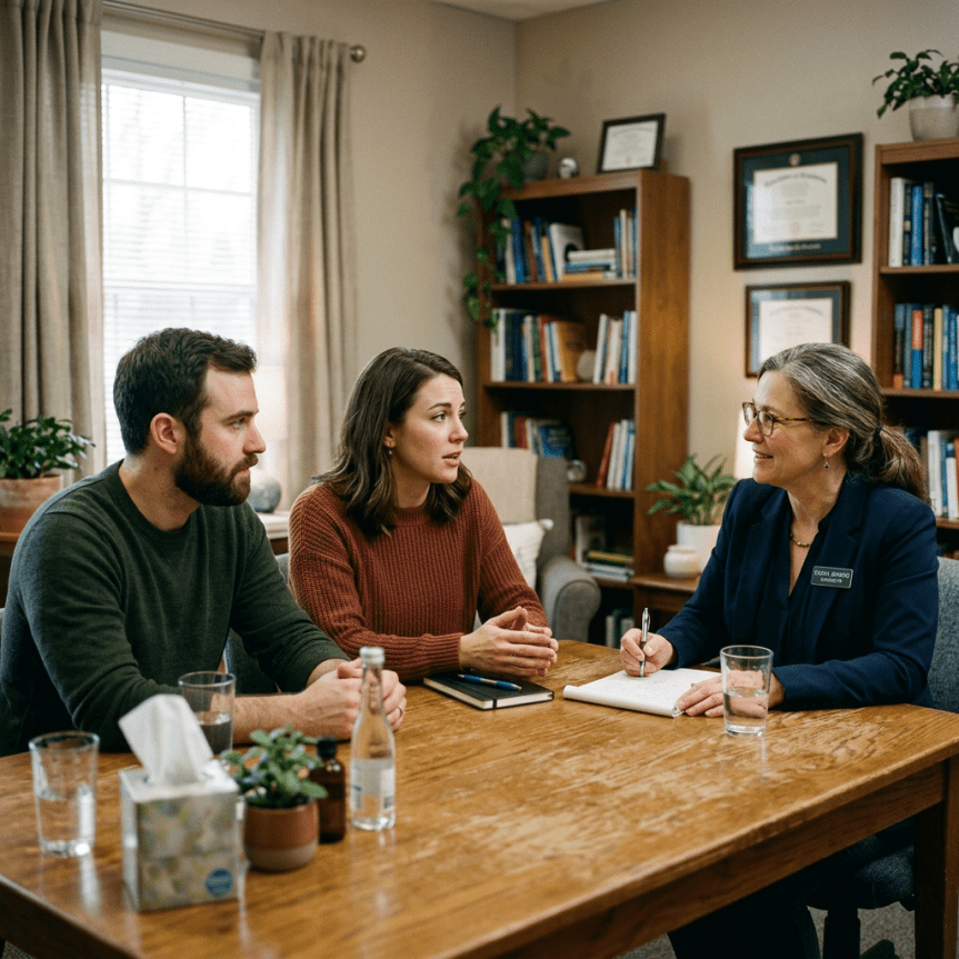 Couple talking to a therapist in an office setting