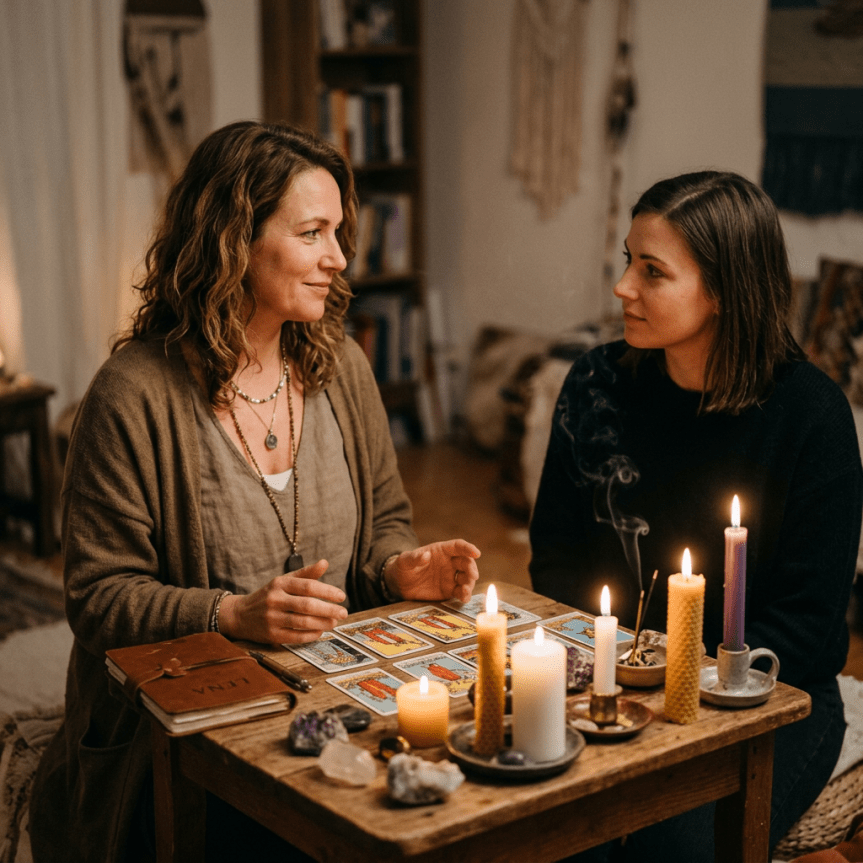 Two women sitting at a wooden table with tarot cards, candles, and crystals for a reading