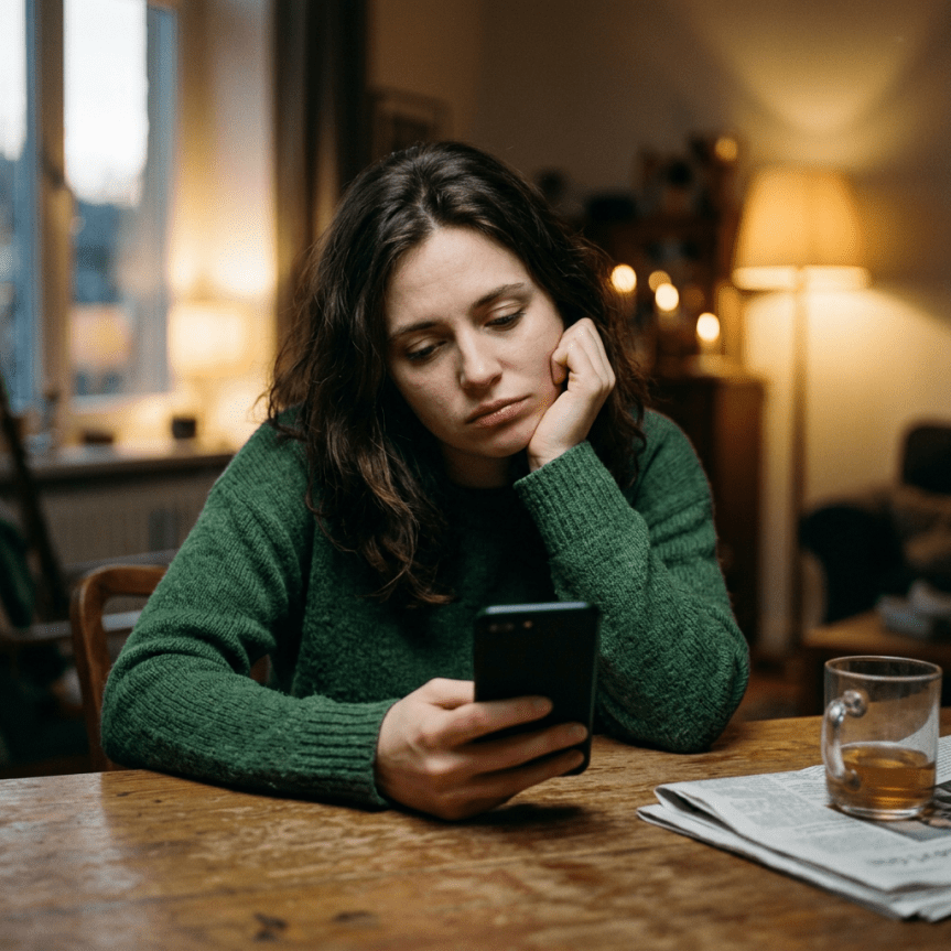 Woman in green sweater looking worried while holding a smartphone at a wooden table with a newspaper and a cup
