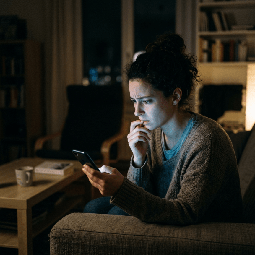 Woman sitting on a couch looking concerned at her phone in a dimly lit room
