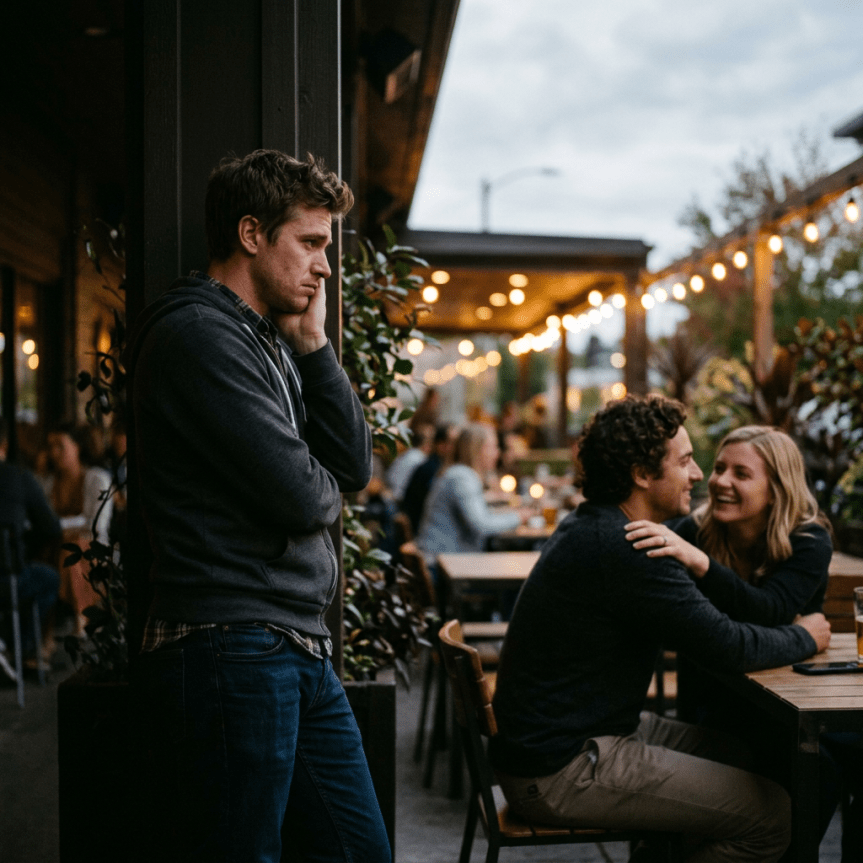Man standing alone looking thoughtful away from couple smiling at each other