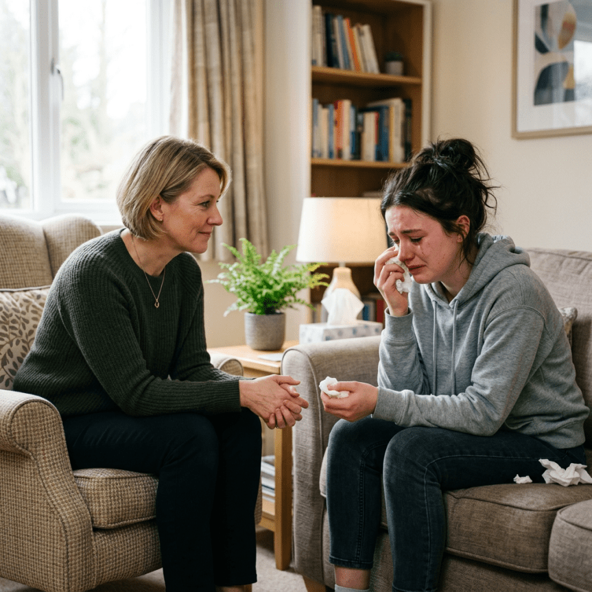 A woman in a green sweater comforting a crying young woman in a gray hoodie sitting on a sofa