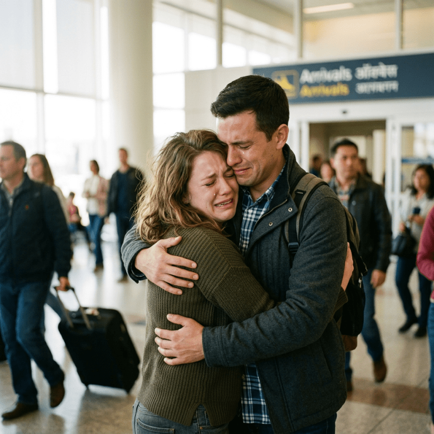 Man and woman hugging and crying at airport arrivals terminal