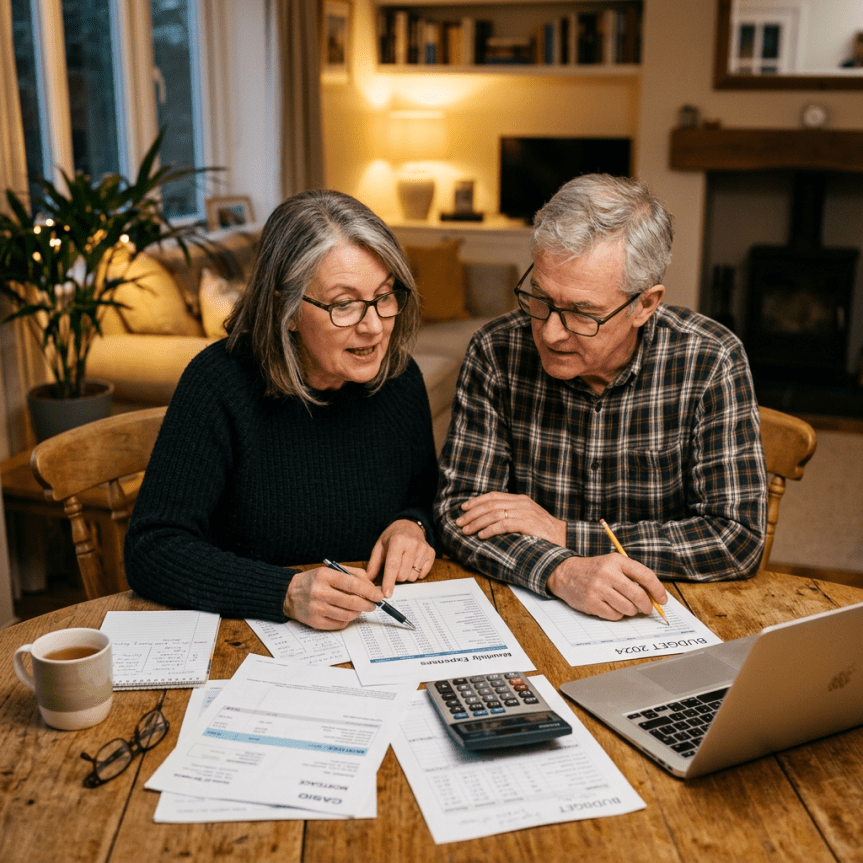Older couple reviewing expense documents and budget sheets at a wooden table with a calculator and laptop