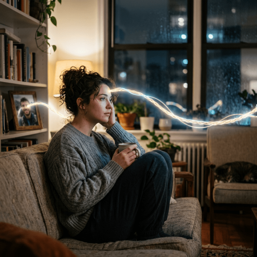 Woman sitting on couch holding a cup, appearing thoughtful