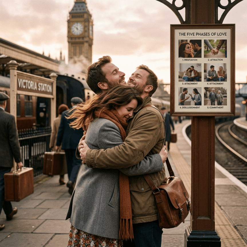 Three people embracing warmly at a busy train station platform with a sign about the five phases of love