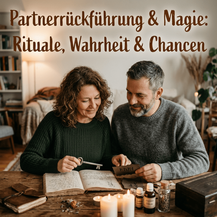 Couple reading a book and examining symbols with candles and bottles on a wooden table