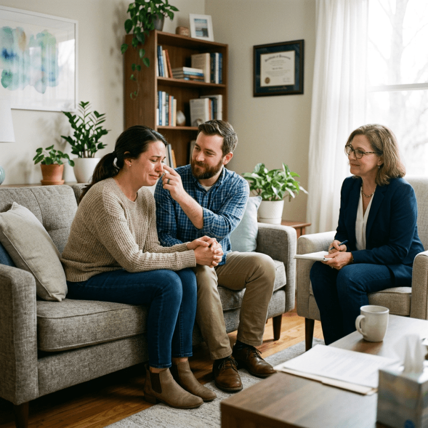 Couple in therapy with woman crying and man comforting her while therapist listens
