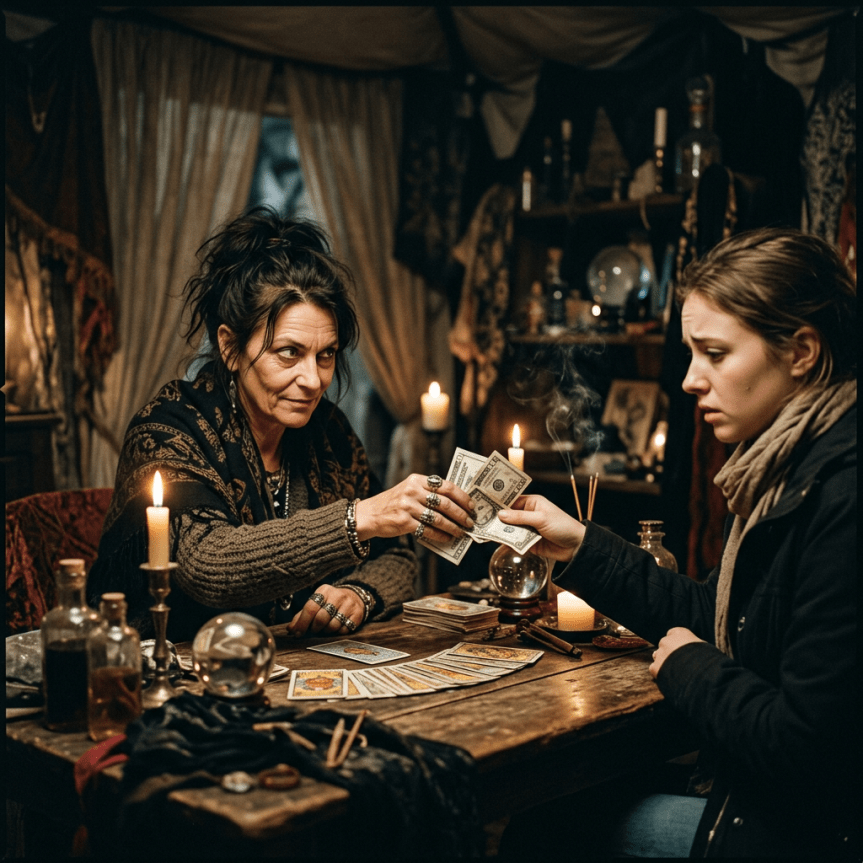 Tarot reader receiving cash payment from client during card reading