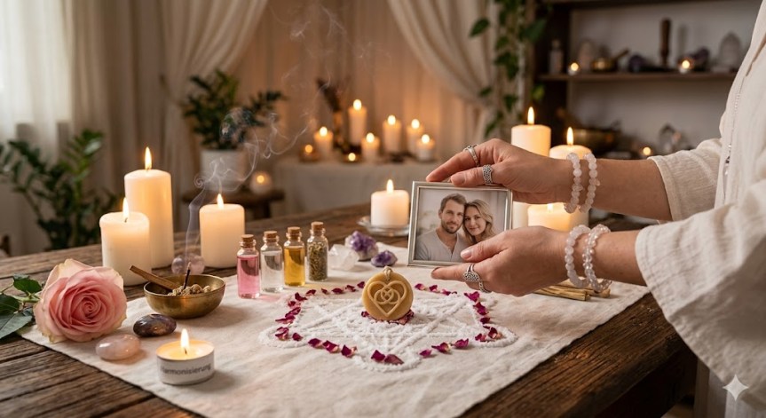 Spirituelles weißmagisches Ritual für eine Partnerrückführung mit Konzentration auf die Harmonisierung der Energie.